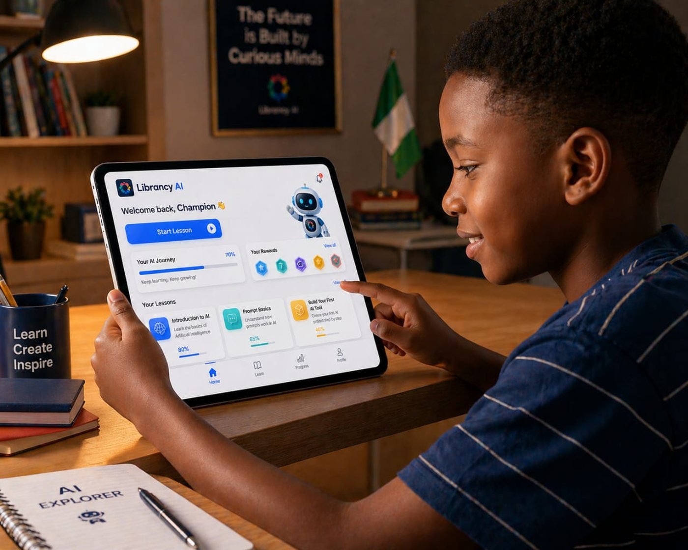 A young learner exploring Librancy on a tablet